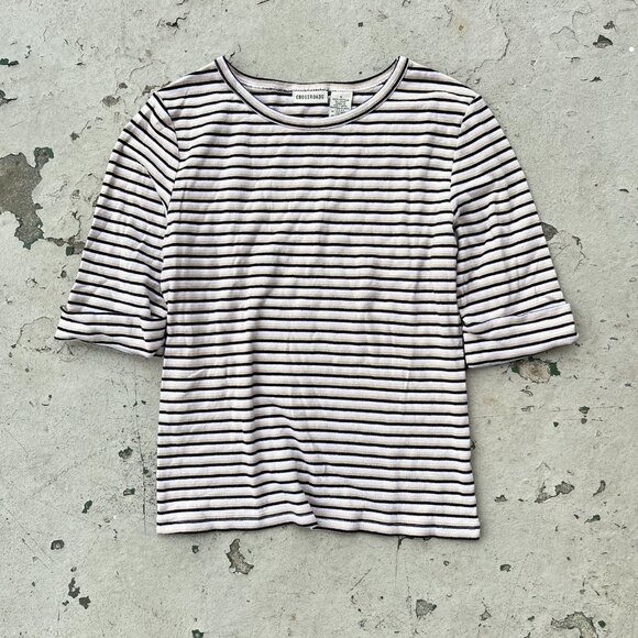 Striped Scoop Neck Top with Cuffed Quarter Length Sleeves - Picture 7 of 10